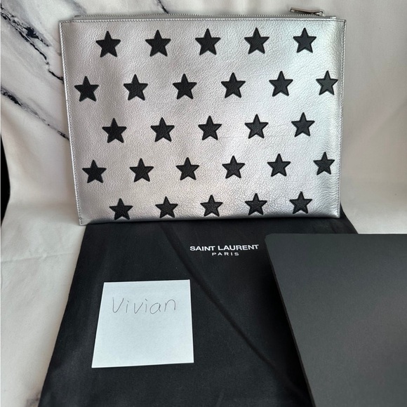 Saint Laurent Paris YSL leather large pouch New with dust bag silver/black
